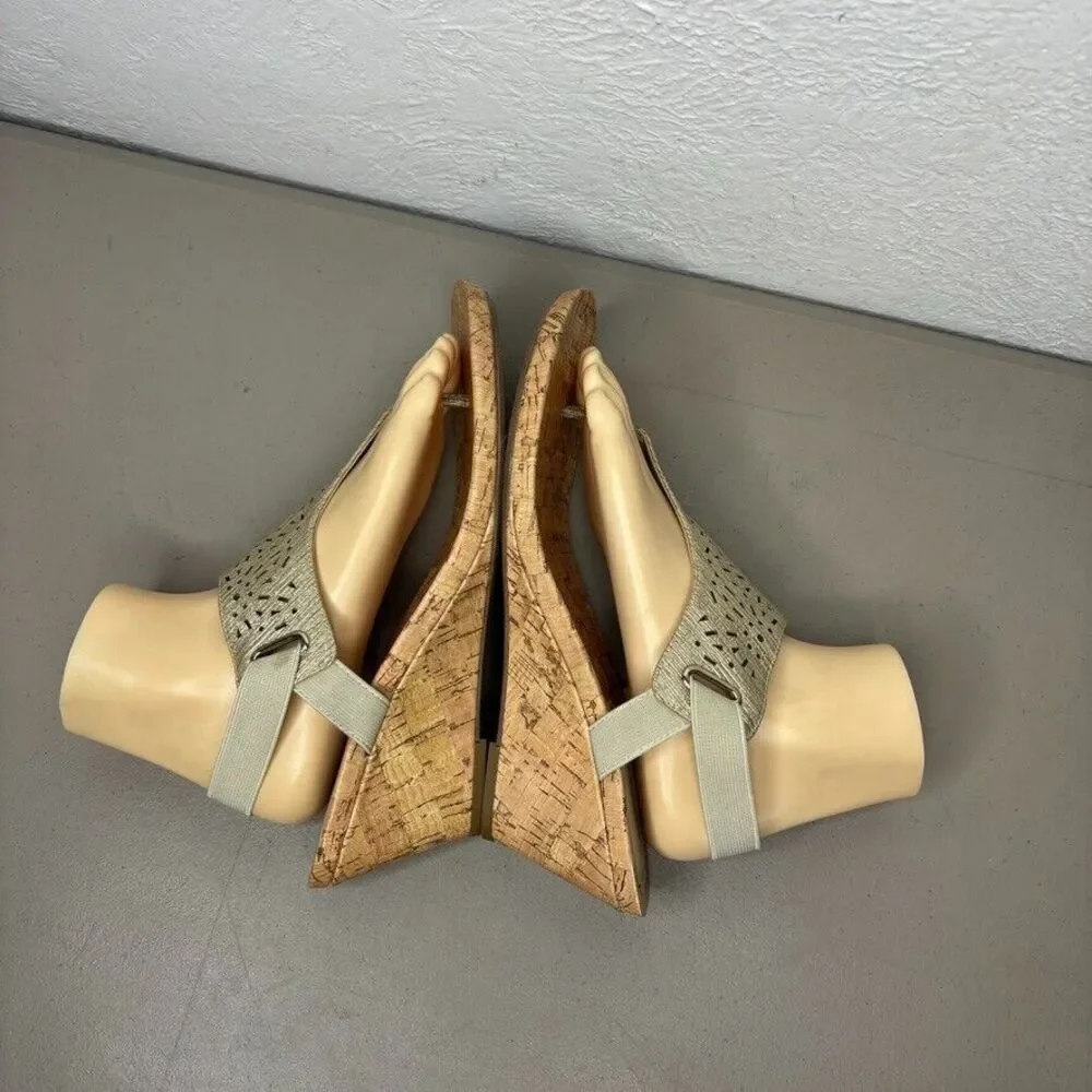 Attention Fabric Metallic Sand T-Strap Elastic Strap Wedge Womens Size‎ 11 M